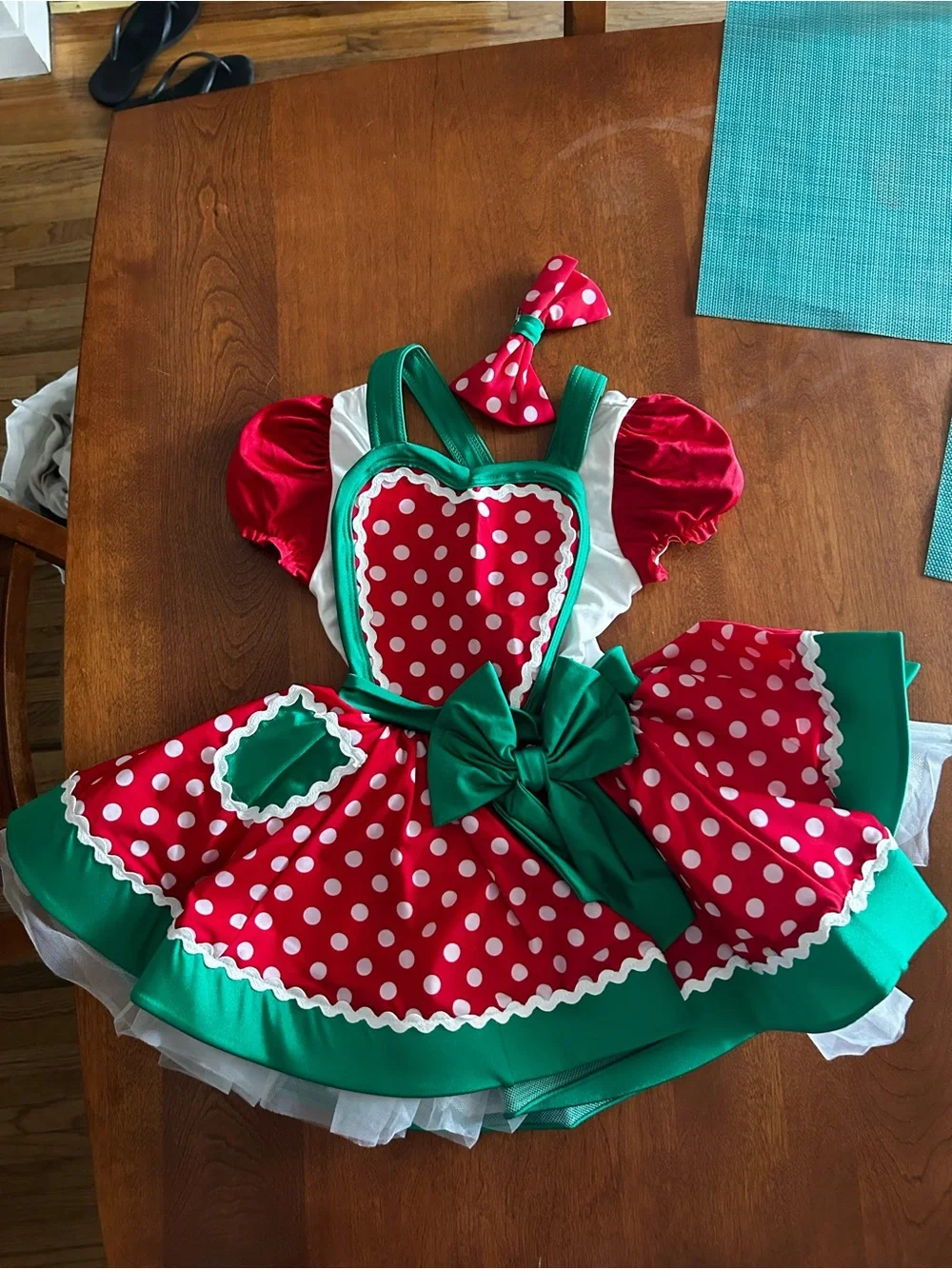 Weissman Red Polka Dot & Green Trim Munchkin/Elf costume. Size IC -7/8.